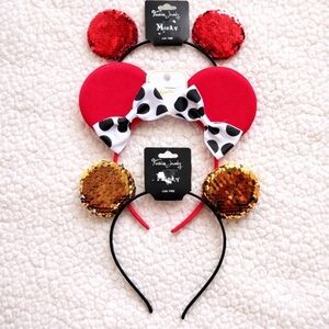 Set of 3 Disney Mickey & Minnie Mouse Ears Headbands Sequin Bow Red Gold
